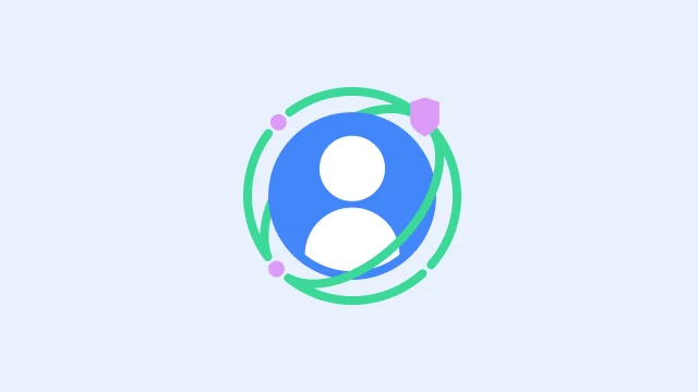 A blue icon of a person is surrounded by ellipses, a green shield, and other green geometric shapes.